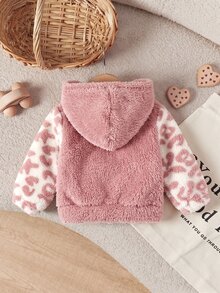 SHEIN Newborn Baby Girl Cute Autumn/Winter Casual Versatile Fuzzy Colorblock Leopard Print Jacket - Pink - View 6