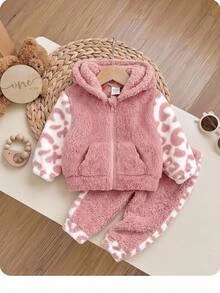 SHEIN Newborn Baby Girl Cute Autumn/Winter Casual Versatile Fuzzy Colorblock Leopard Print Jacket - Pink - View 1