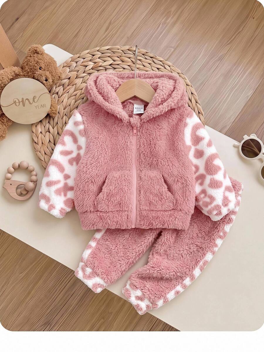 SHEIN Newborn Baby Girl Cute Autumn/Winter Casual Versatile Fuzzy Colorblock Leopard Print Jacket - Pink - View 1