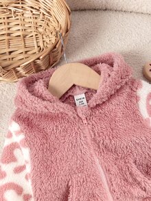 SHEIN Newborn Baby Girl Cute Autumn/Winter Casual Versatile Fuzzy Colorblock Leopard Print Jacket - Pink - View 4