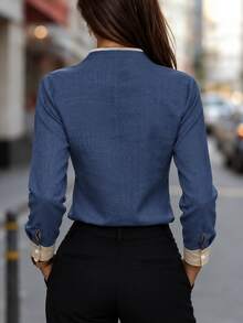 Louniche Women's New Chinese Style Stand Collar Contrast Trim Minimalist Commuter Design Blouse - Navy Blue - View 2