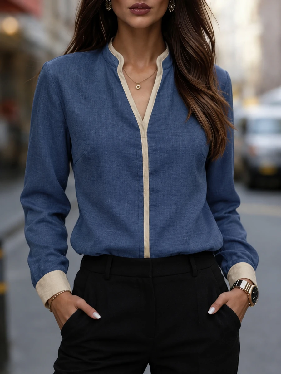 Louniche Women's New Chinese Style Stand Collar Contrast Trim Minimalist Commuter Design Blouse - Navy Blue - View 1