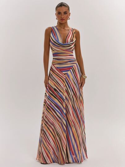SHEIN BAE Women's Casual Vacation Draped Neck Striped Asymmetrical Hem Dress, Suitable For Beach Sisters Leisure Outings, Daily Wear, A-Line Long