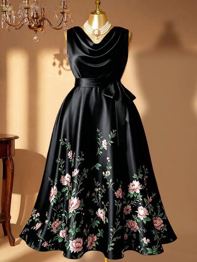 Rometta Plus Size Women's Elegant Celestial Black Satin Floral Dress, Sleeveless Cowl Neck With Bow Waist Tie, Formal Party Wedding Guest Long Summer