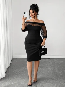 SHEIN Elenzya Women's Plus Size Black Mesh Patchwork Square Neck Short Sleeve Mini Dress Halloween Party Night Going Out Party Cocktail Autumn Sexy Elegant Fall - Black - View 6