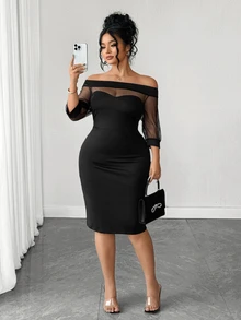 SHEIN Elenzya Women's Plus Size Black Mesh Patchwork Square Neck Short Sleeve Mini Dress Halloween Party Night Going Out Party Cocktail Autumn Sexy Elegant Fall - Black - View 4