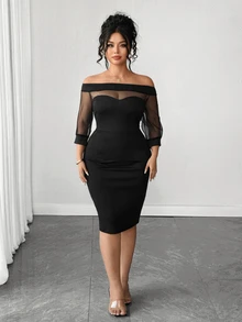 SHEIN Elenzya Women's Plus Size Black Mesh Patchwork Square Neck Short Sleeve Mini Dress Halloween Party Night Going Out Party Cocktail Autumn Sexy Elegant Fall - Black - View 3