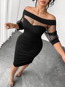 SHEIN Elenzya Women's Plus Size Black Mesh Patchwork Square Neck Short Sleeve Mini Dress Halloween Party Night Going Out Party Cocktail Autumn Sexy Elegant Fall - Black - View 1