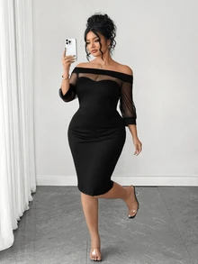 SHEIN Elenzya Women's Plus Size Black Mesh Patchwork Square Neck Short Sleeve Mini Dress Halloween Party Night Going Out Party Cocktail Autumn Sexy Elegant Fall - Black - View 5