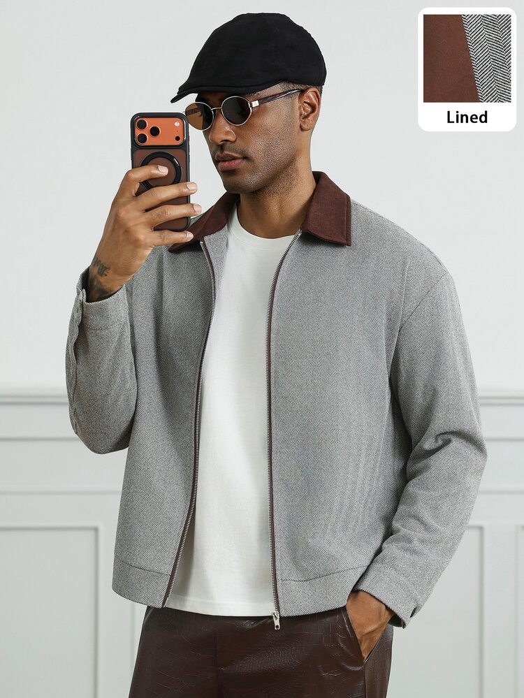 HUEFORM Men's Casual Fashion Autumn/Winter Wool Patchwork Collar Zip-Up Jacket - Light Grey - View 3