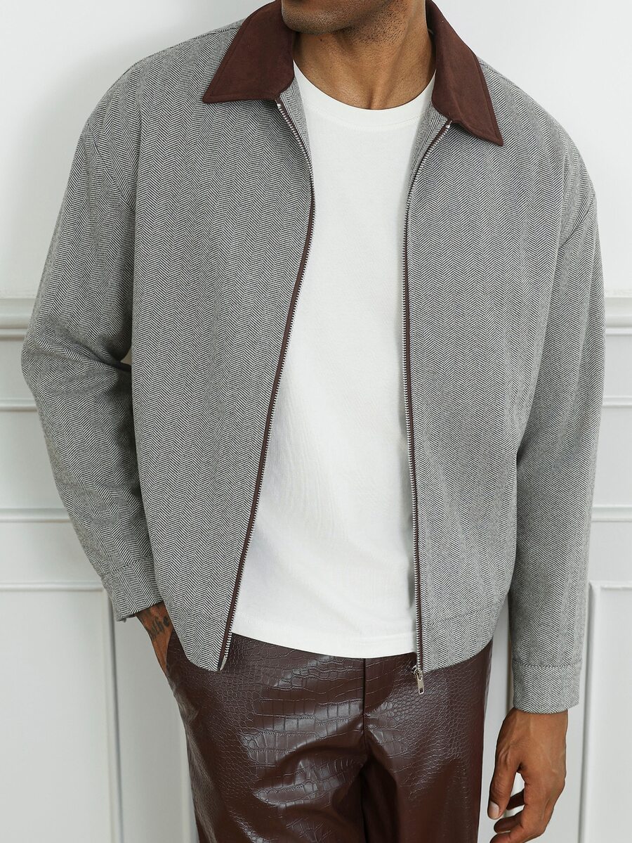 HUEFORM Men's Casual Fashion Autumn/Winter Wool Patchwork Collar Zip-Up Jacket - Light Grey - View 1