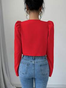 SHEIN Raffinéa 泡泡袖青蛙扣中式短版優雅女式襯衫 - 紅色 - 查看 2