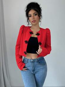SHEIN Raffinéa 泡泡袖青蛙扣中式短版優雅女式襯衫 - 紅色 - 查看 6