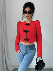 SHEIN Raffinéa 泡泡袖青蛙扣中式短版優雅女式襯衫 - 紅色 - 查看 5