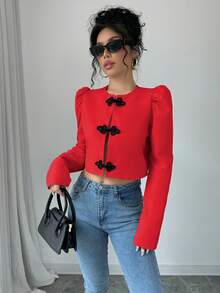 SHEIN Raffinéa 泡泡袖青蛙扣中式短版優雅女式襯衫 - 紅色 - 查看 4