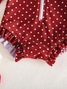 SHEIN Newborn Polka Dot Print One-Piece Swimsuit - Red and White - View 5
