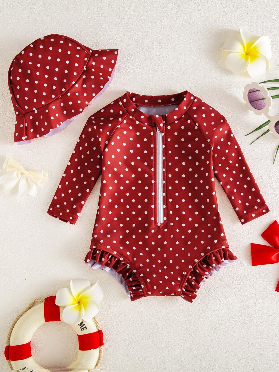 SHEIN Newborn Polka Dot Print One-Piece Swimsuit - Red and White - View 1