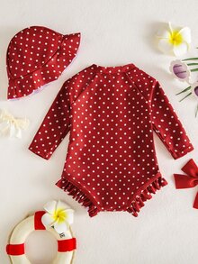 SHEIN Newborn Polka Dot Print One-Piece Swimsuit - Red and White - View 2