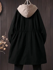 EMERY ROSE Plus Size Women's Casual Commute Hooded Colorblock Jacket Fall - Black - View 2