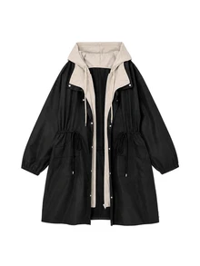 EMERY ROSE Plus Size Women's Casual Commute Hooded Colorblock Jacket Fall - Black - View 4