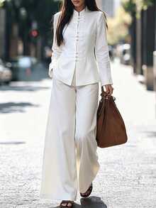 SHEIN New Chinese Style Women's Chinese-Inspired Suit Set, White Frog Button Top And Wide Leg Pants 2 Pieces Set - White - View 4