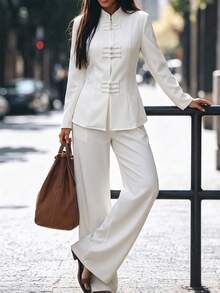SHEIN New Chinese Style Women's Chinese-Inspired Suit Set, White Frog Button Top And Wide Leg Pants 2 Pieces Set - White - View 3