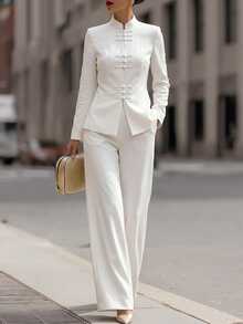 SHEIN New Chinese Style Women's Chinese-Inspired Suit Set, White Frog Button Top And Wide Leg Pants 2 Pieces Set - White - View 1