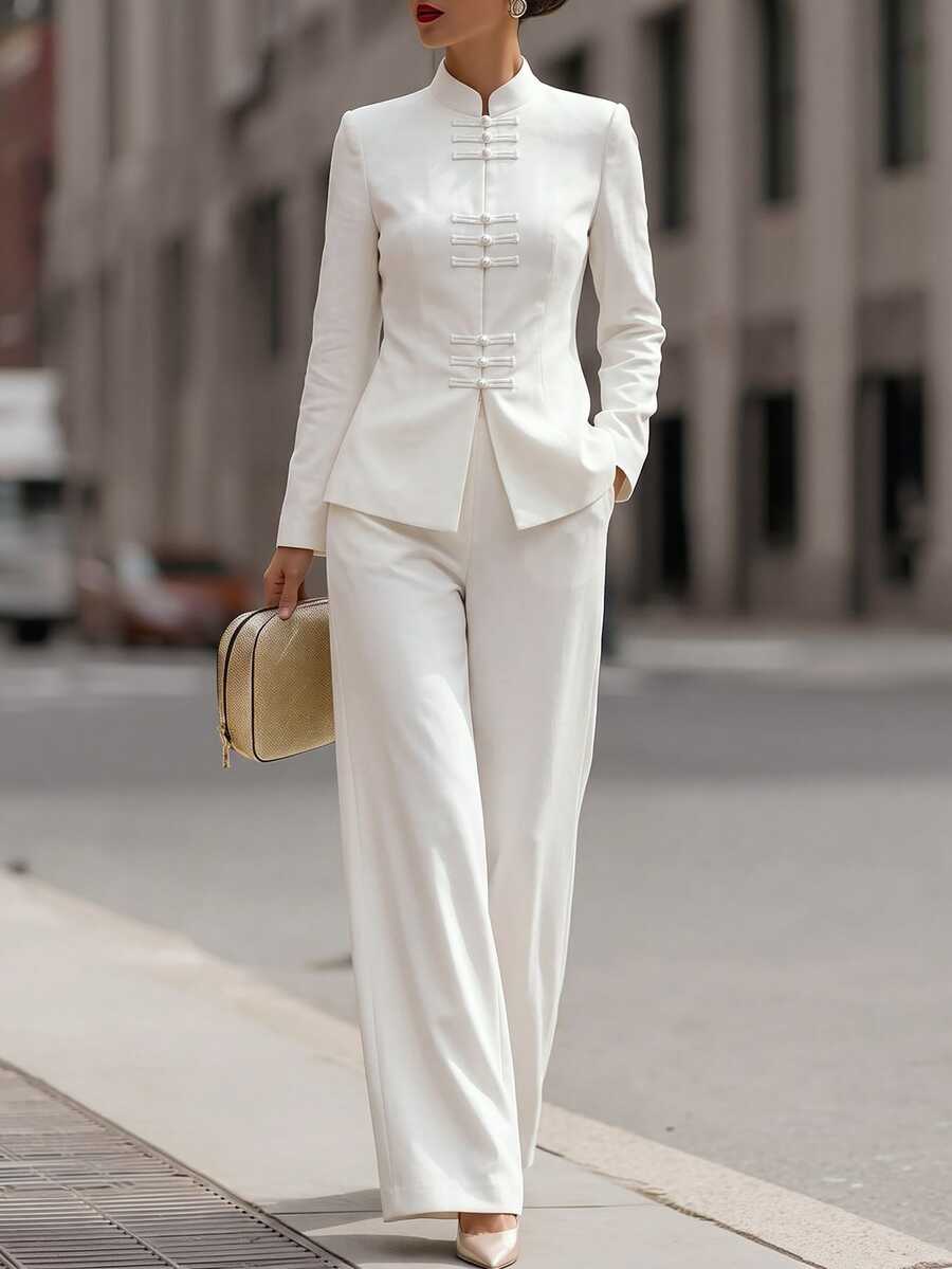 SHEIN New Chinese Style Women's Chinese-Inspired Suit Set, White Frog Button Top And Wide Leg Pants 2 Pieces Set - White - View 1