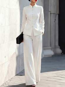 SHEIN New Chinese Style Women's Chinese-Inspired Suit Set, White Frog Button Top And Wide Leg Pants 2 Pieces Set - White - View 5