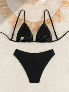 Swim Mod 女士手工串珠高端复古三角比基尼泳衣，串珠装饰海滩度假泳池派对性感女士泳装，纯色，春夏款，百搭 - 黑色 - 查看 4