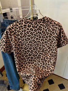 SHEIN LUNE 女款圓領短袖T恤，豹紋花卉動物圖案休閒修身基本款T恤 - 彩色 - 查看 3