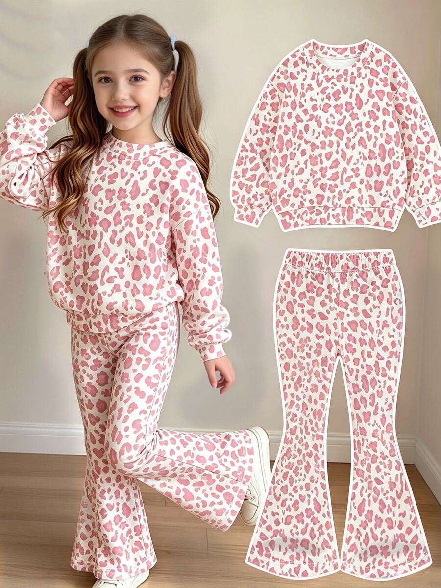 Girls Pink Leopard Print Crew Neck Pullover & Flared Pants 2pcs Set, Sweet Cute Sweatshirt Outfit Suitable For Autumn/Winter Daily Wear - Multicolor - View 1