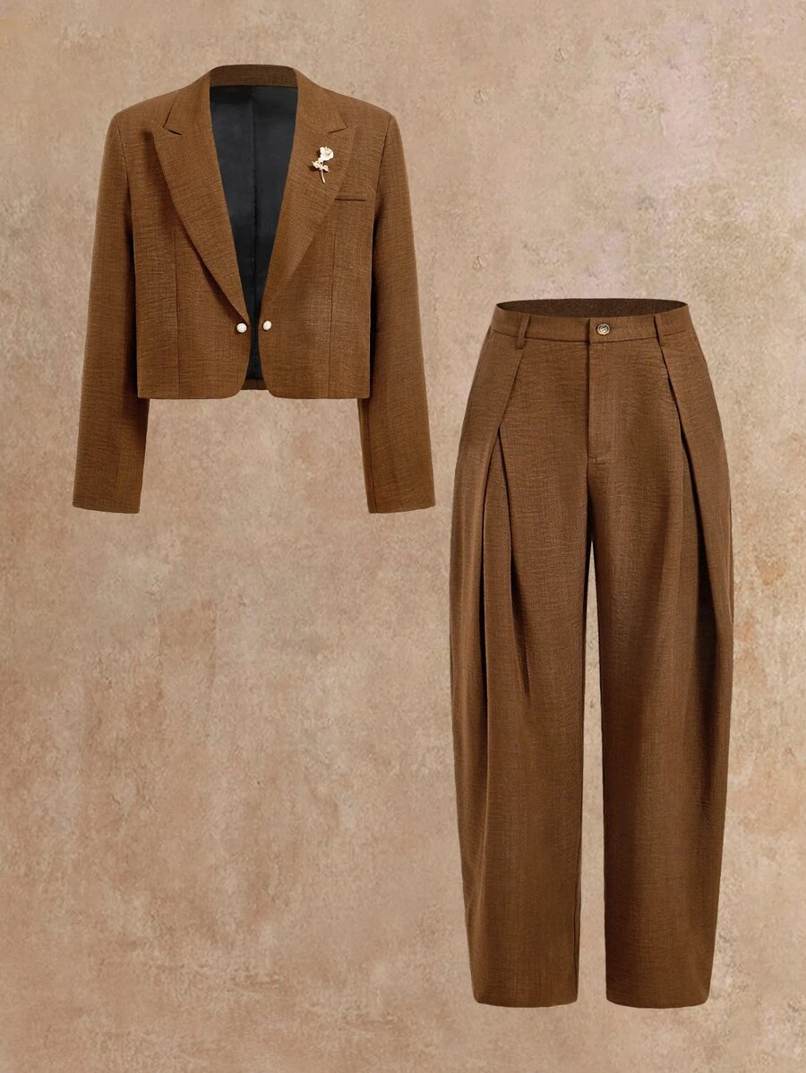 HIMLAND Men's Woven Fashion Casual Young Loose Long Sleeve Blazer & Elastic Straight Leg Pants 2 Pieces Set - Brown - View 1