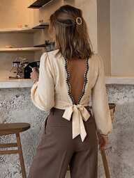 Serisse Blouse pour femme avec nœud dans le dos, bordure en dentelle, couleur contrastée, beige, automne, romantique et élégante