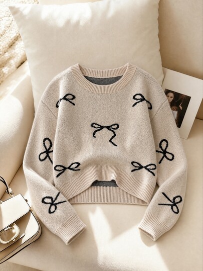 SHEIN Tween Girls Apricot Thick Knit Sweater, Autumn/Winter, Bow Jacquard Round Neck Pullover, Dropped Shoulder Long Sleeve, Suitable For Wearing Alone In Autumn And Layering With Coats/Padded Jackets In Winter, Soft And Comfortable Fabric