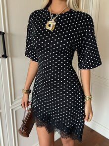 SHEIN EZwear 黑白波點針織蕾絲飾邊洋裝，適合早午餐、茶會，秋季優雅風 - 黑色 - 查看 7