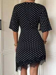 SHEIN EZwear 黑白波點針織蕾絲飾邊洋裝，適合早午餐、茶會，秋季優雅風 - 黑色 - 查看 2