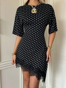 SHEIN EZwear 黑白波點針織蕾絲飾邊洋裝，適合早午餐、茶會，秋季優雅風 - 黑色 - 查看 4