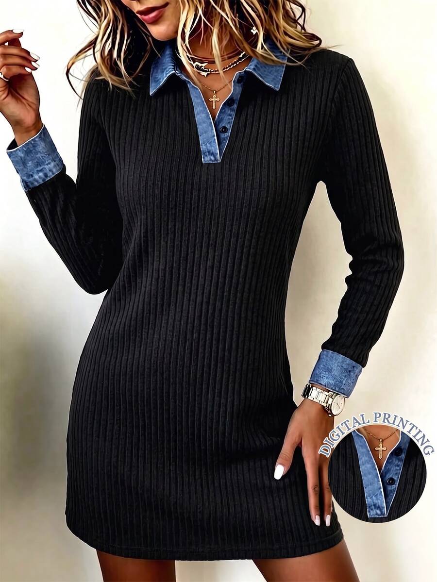 SHEIN Đầm mini nữ dệt kim gân mùa đông, cổ và tay áo phối màu tương phản, tay dài, cổ chữ V, cài nút, ôm sát, phong cách thường ngày, đầm ngắn bodycon cho mùa thu