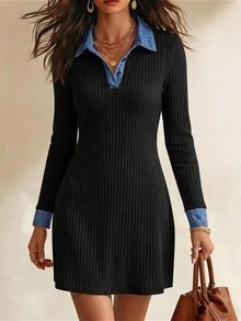 SHEIN Đầm mini nữ dệt kim gân mùa đông, cổ và tay áo phối màu tương phản, tay dài, cổ chữ V, cài nút, ôm sát, phong cách thường ngày, đầm ngắn bodycon cho mùa thu - màu đen - Xem 6