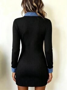 SHEIN Đầm mini nữ dệt kim gân mùa đông, cổ và tay áo phối màu tương phản, tay dài, cổ chữ V, cài nút, ôm sát, phong cách thường ngày, đầm ngắn bodycon cho mùa thu - màu đen - Xem 3