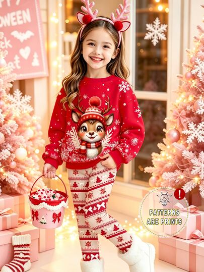 (1 Set)Young Girls Cute Cartoon Deer Plaid Scarf Christmas Tree Bow Snowflake Round Neck Sweatshirt With Leggings, Fall Winter