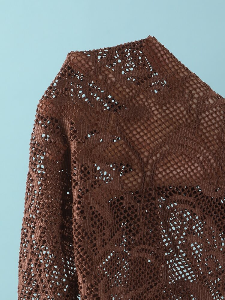 SHEIN Swim Women's Openwork Mesh Skirt With Side Drawstring, Light Brown Island Beach Style, Versatile And Casual Women's Mesh Skirt. - Coffee Brown - View 4