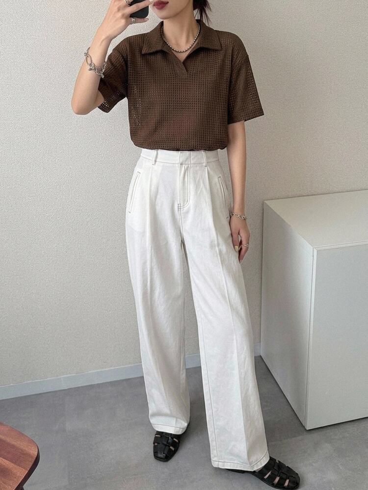 Livesso Women's Basic Polo Collar Loose Textured Sheer T-Shirt - Rust Brown - View 5
