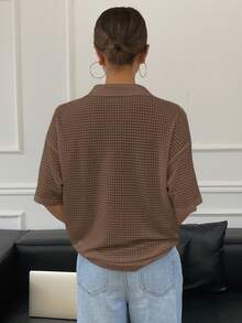 Livesso Women's Basic Polo Collar Loose Textured Sheer T-Shirt - Rust Brown - View 3