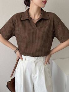 Livesso Women's Basic Polo Collar Loose Textured Sheer T-Shirt - Rust Brown - View 6
