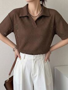 Livesso Women's Basic Polo Collar Loose Textured Sheer T-Shirt - Rust Brown - View 7