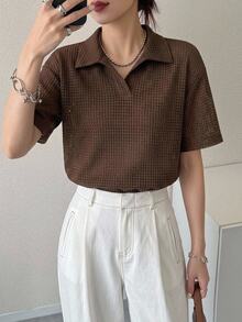 Livesso Women's Basic Polo Collar Loose Textured Sheer T-Shirt - Rust Brown - View 8