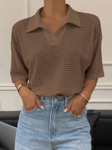Livesso Women's Basic Polo Collar Loose Textured Sheer T-Shirt - Rust Brown - View 9