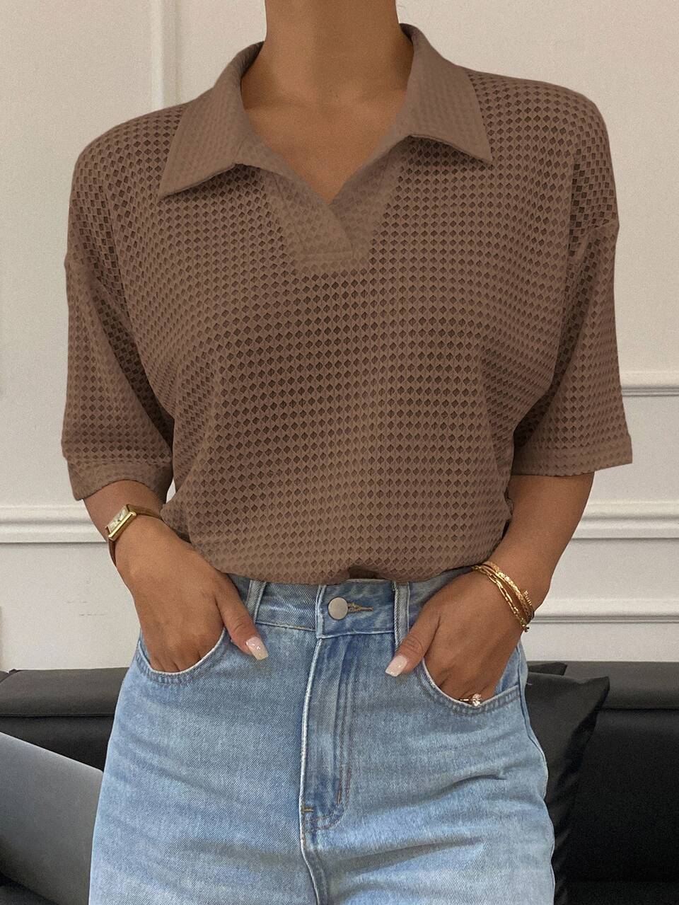 Women's Basic Polo Collar Loose Textured Sheer T-Shirt